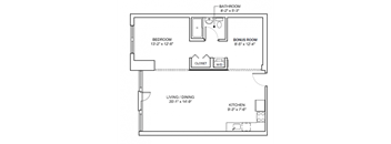 A floor plan of a house showing a living room, dining room, kitchen, two bedrooms, a bathroom, and a bonus room.