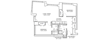 A floor plan of a small apartment with two bedrooms, a living area, a kitchen, and two bathrooms.