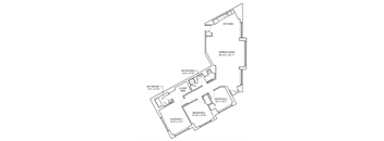 A floor plan of a house with a kitchen, dining area, and three bedrooms.