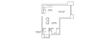 A floor plan of a small apartment with a kitchen, living room, sleeping area, bathroom, and closet.