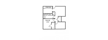 A black and white drawing of a floor plan for a property located at 915 SF.