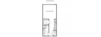 A floor plan of a living room with a kitchen area.