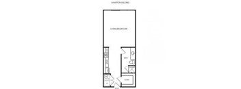 A floor plan of a building with a living room, kitchen and bathroom.