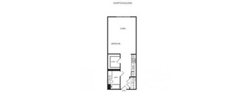 A floor plan of a Hampton building with a living room, dining room, and kitchen.