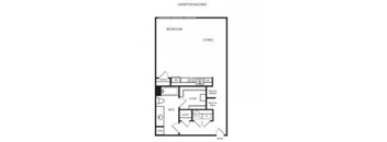 A floor plan of a bedroom with a living area.