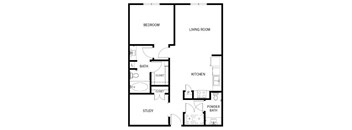 A floor plan of a house with a bedroom, living room, kitchen, study, and two bathrooms.