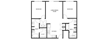 A black and white image of a floor plan for a house with two bedrooms, a living/dining room, a kitchen, two bathrooms, and two closets.