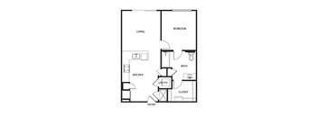 A black and white image of a floor plan for a small apartment.