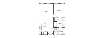 A black and white image of a floor plan for a small apartment.
