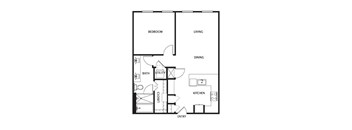 A floor plan of a house with a bedroom, living room, dining room, kitchen, bath, utility, and closet.