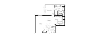 A black and white floor plan of a house with a bedroom, bathroom, kitchen, dining area, living room, utility, powder room, and entry.