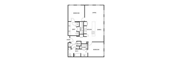 A floor plan of a house with two bedrooms, a living room, a kitchen, a dining room, a bathroom, a utility room, and an entry way.