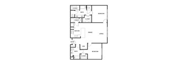 A floor plan of a two bedroom apartment with a living room and kitchen.
