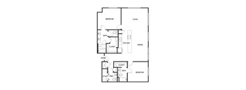 A floor plan of a house with two bedrooms, a living room, a kitchen, a dining room, a bathroom, a utility space, and an entry.