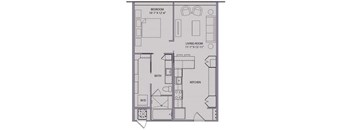 A floor plan of a small apartment with a bedroom, living room, kitchen, bath, and a workspace.