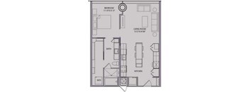 A floor plan of a small apartment with a bedroom, living room, kitchen, bath, and walk-in closet.