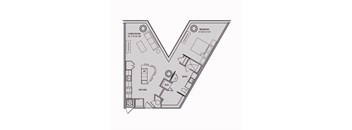 A floor plan of a home with a living room, kitchen, bathroom, and bedroom.