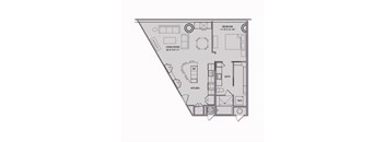 A floor plan of a home with a living room, kitchen, bathroom, and bedroom.