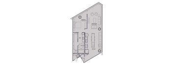 A floor plan of a house with a bedroom, living room, kitchen, and bathroom.