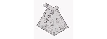 A floor plan of a house with a living room, two bedrooms, a kitchen, and two bathrooms.