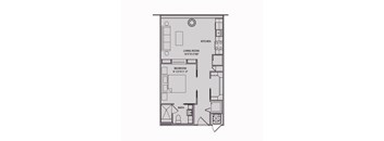 A floor plan of a small apartment with a living room, bedroom, and bathroom.