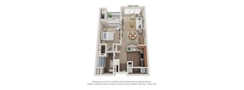 A 3D floor plan of a small apartment with a kitchen, living room, and bathroom.