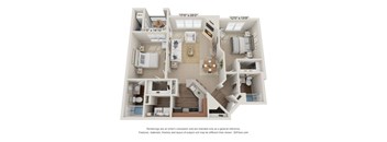 A 3D floor plan of a house with a kitchen, living room, and two bedrooms.