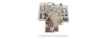 A 3D floor plan of a house with a kitchen, living room, and two bedrooms.