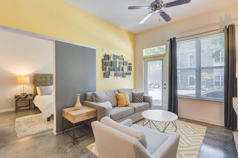 A living room with a grey couch and a yellow rug.