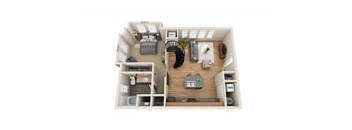 A top-down view of a small apartment with a bedroom, living room, and kitchen.