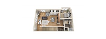 A floor plan of a small apartment with a living room, kitchen, and bedroom.