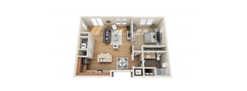 A top-down view of a small apartment layout with a kitchen, living room, and bathroom.