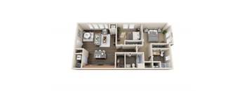 A 3D floor plan of a small apartment with a kitchen, living room, and bedrooms.