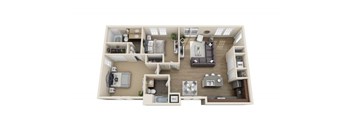 A detailed 3D floor plan of a small apartment layout.