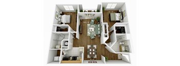 A 3D floor plan of a two-bedroom apartment with a living room, kitchen, and bathroom.