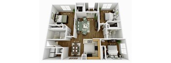A 3D floor plan of a small apartment with dimensions and furniture layout.