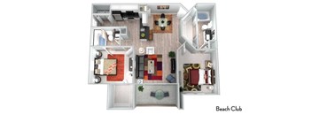 A floor plan of a beach club with various rooms and furniture.