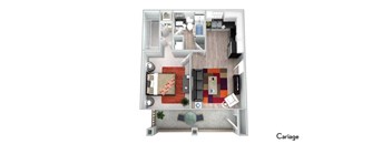 A floor plan of a Carriage with various rooms and furniture.