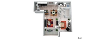 A floor plan of a Swan apartment with a living room, kitchen, and two bedrooms.