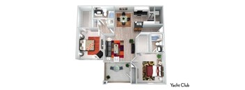 A yacht club layout with a central open area and surrounding rooms.