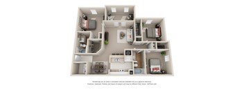 A 3D floor plan of a small apartment with a kitchen, living room, and bedrooms.