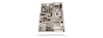 A 3D floor plan of a small apartment with a kitchen, living room, and bathroom.