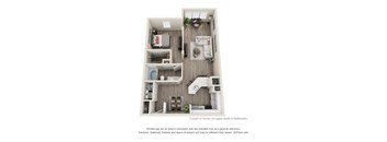 A 3D floor plan of a small apartment with a kitchen, living room, and bedroom.