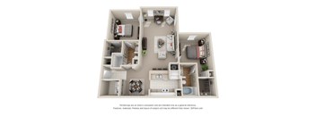 A 3D floor plan of a house with a kitchen, living room, and two bedrooms.