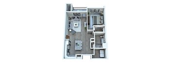 A top-down view of a small apartment with a kitchen, living room, and bedroom.
