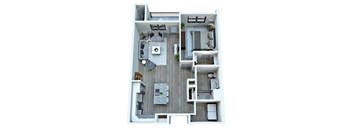 A top-down view of a modern apartment layout with a kitchen, living room, and bedrooms.