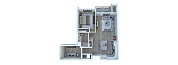 A 3D floor plan of a small apartment with a kitchen, living room, and bathroom.