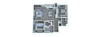 A 3D floor plan of a house with a kitchen, living room, and bedrooms.