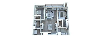 A top-down view of a modern apartment layout with a kitchen, living room, and bedrooms.