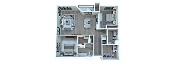 A top-down view of a small apartment with a kitchen, living room, and bedrooms.